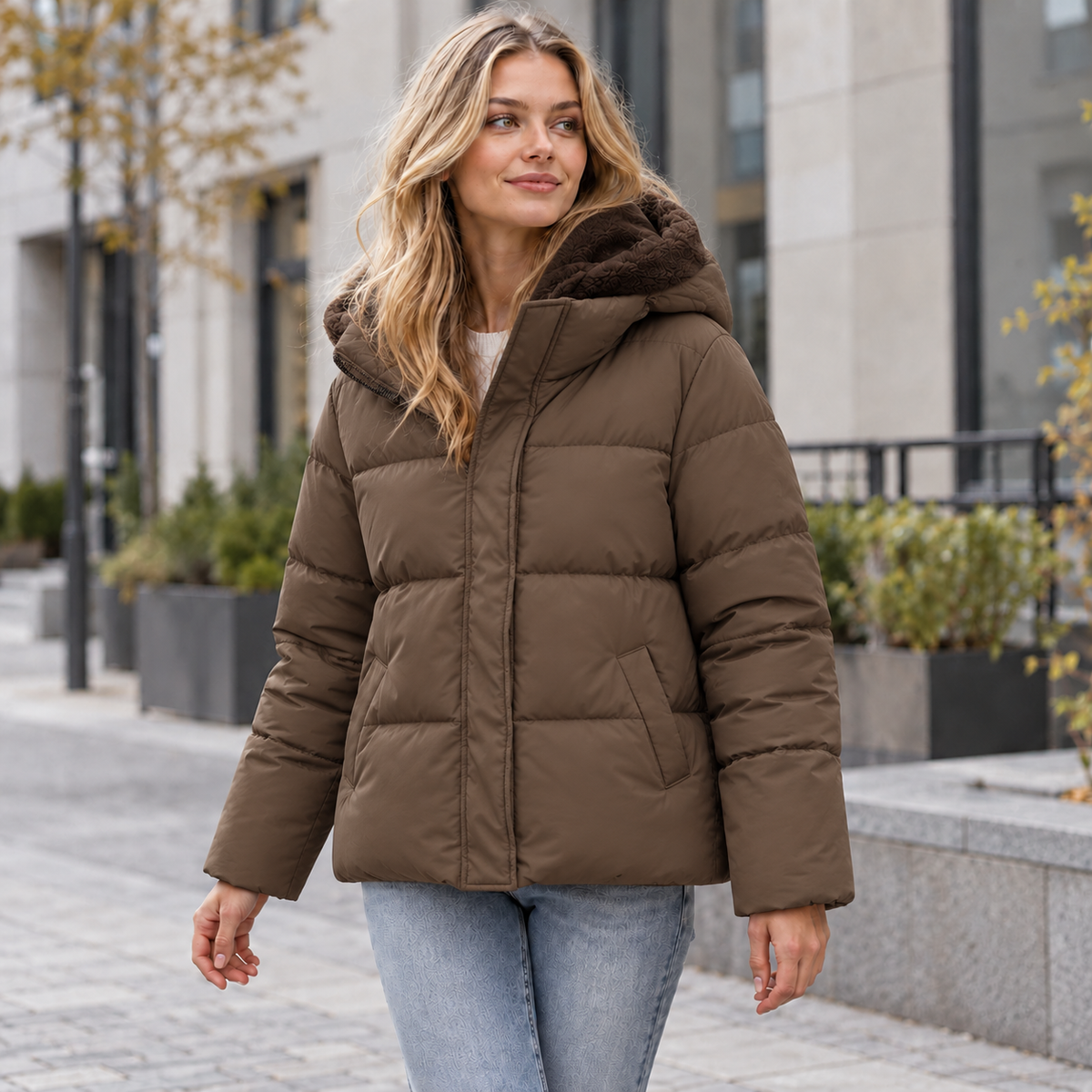 Cropped Hooded Puffer Jacket with Sherpa Lined Hood