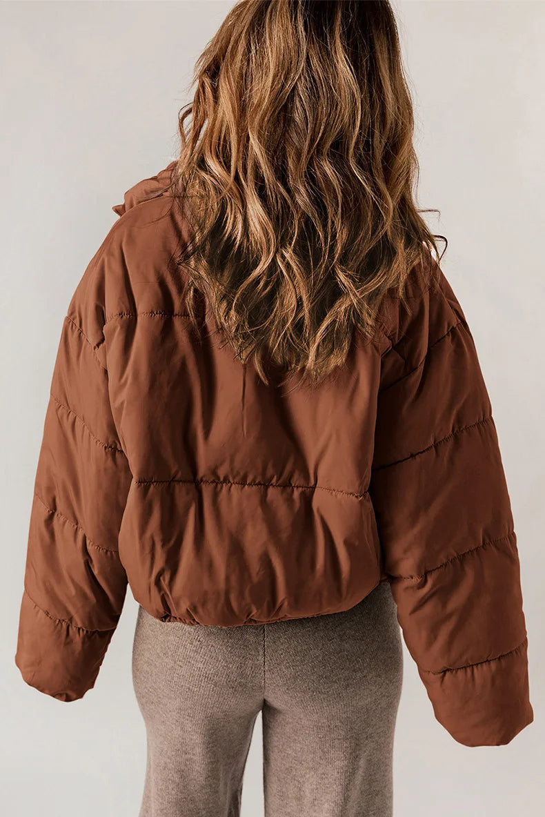 Cropped Puffer Jacket with Stand Collar and Drawcord Hem