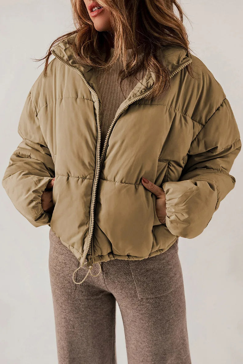 Cropped Puffer Jacket with Stand Collar and Drawcord Hem