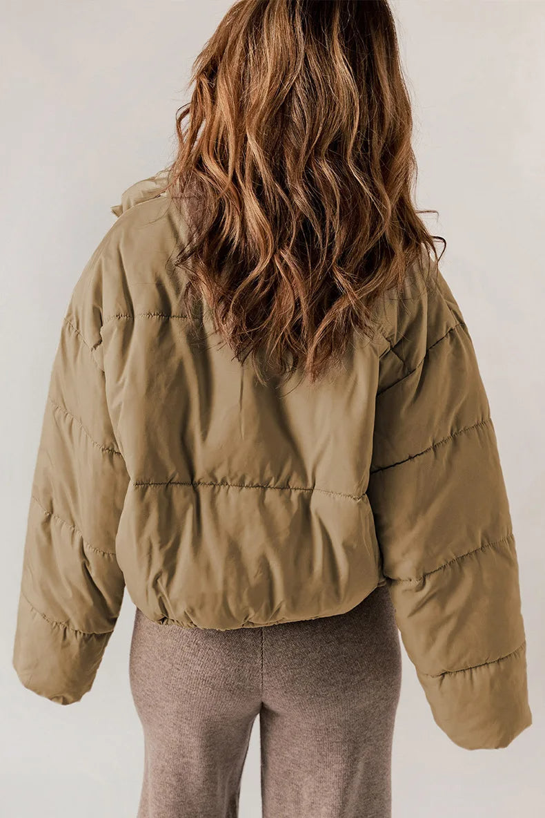 Cropped Puffer Jacket with Stand Collar and Drawcord Hem