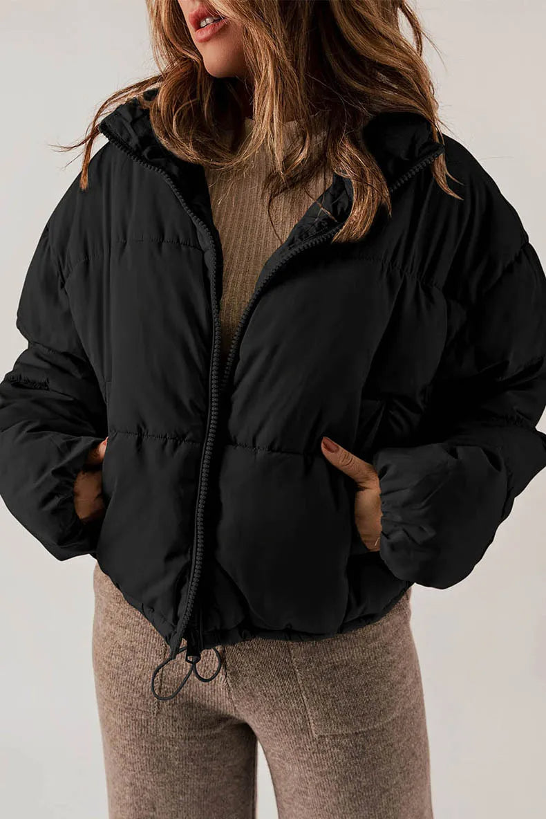 Cropped Puffer Jacket with Stand Collar and Drawcord Hem