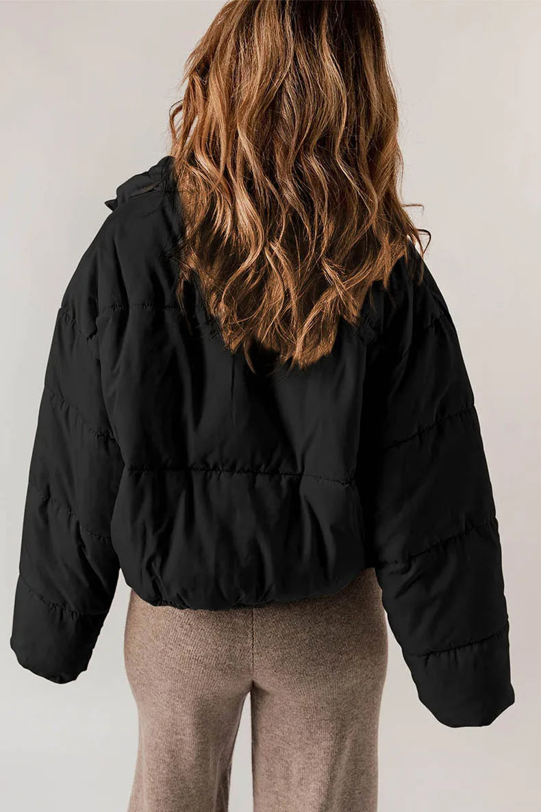 Cropped Puffer Jacket with Stand Collar and Drawcord Hem