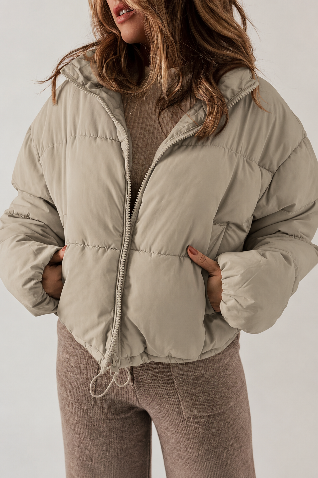 Cropped Puffer Jacket with Stand Collar and Drawcord Hem