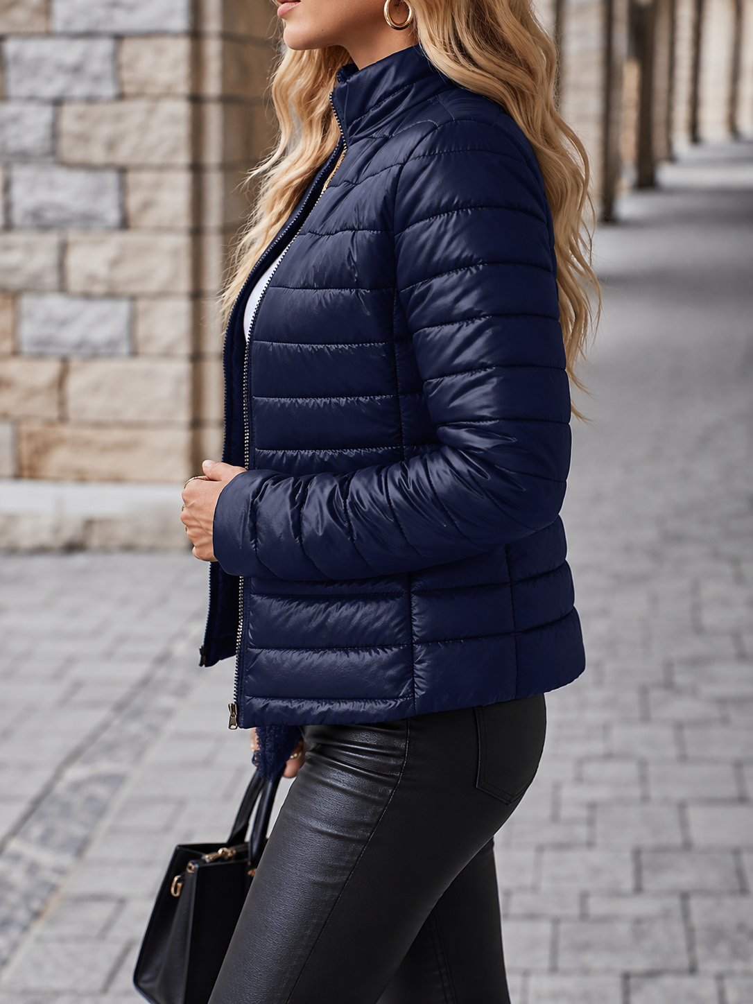 Cropped Quilted Puffer Jacket with Teddy Fleece Lining