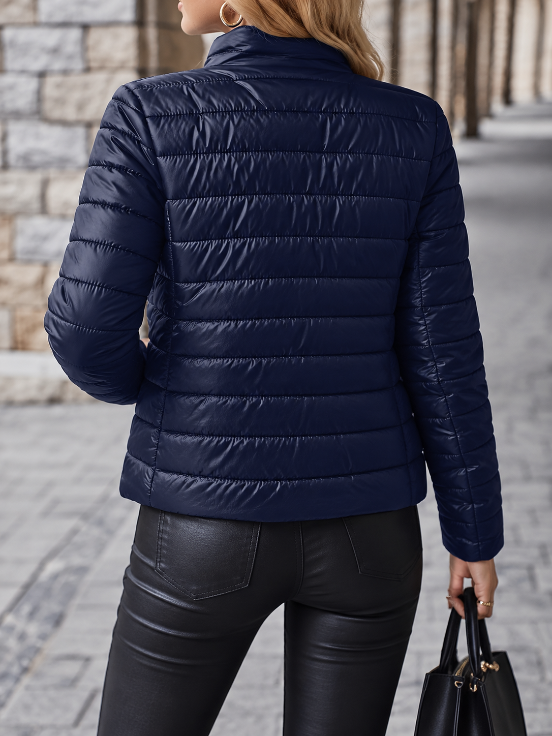 Cropped Quilted Puffer Jacket with Teddy Fleece Lining