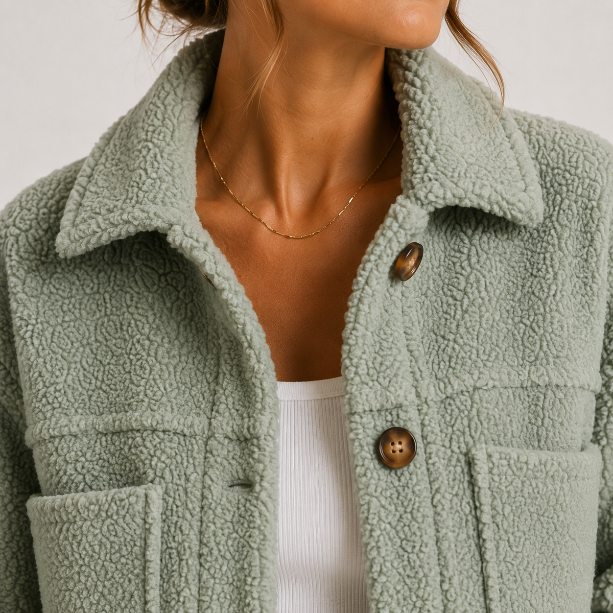 Cropped Sherpa Shacket with Chest Pockets and Teddy Texture