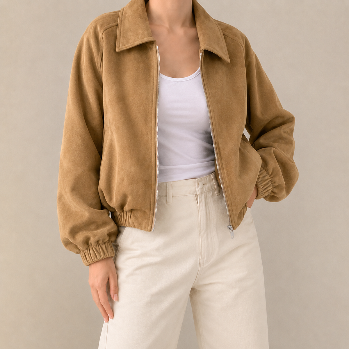 Cropped Suede Bomber Jacket with Elasticated Hem