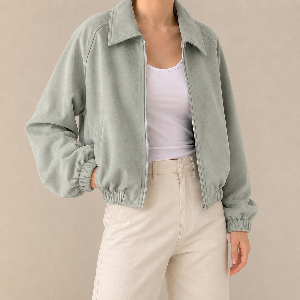 Cropped Suede Bomber Jacket with Elasticated Hem
