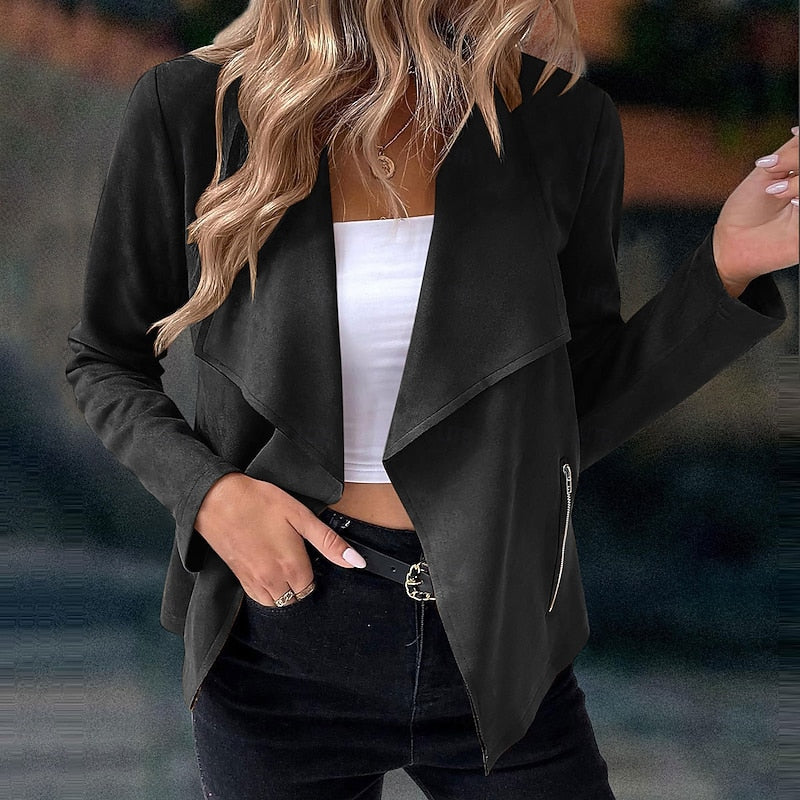 Cropped Suede Open Front Jacket with Zip Pockets