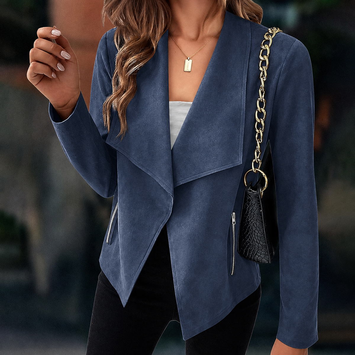 Cropped Suede Open Front Jacket with Zip Pockets