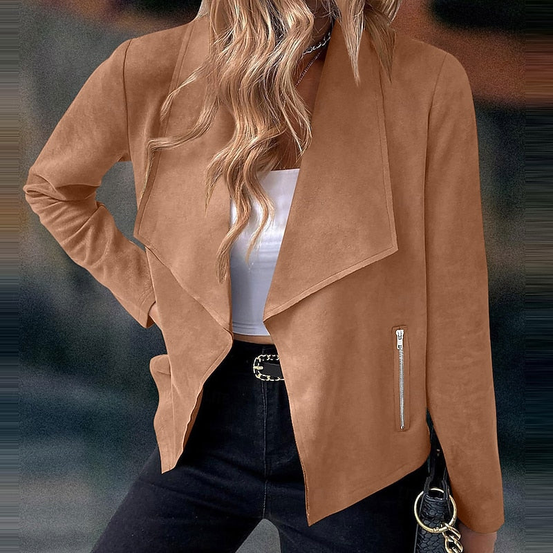 Cropped Suede Open Front Jacket with Zip Pockets