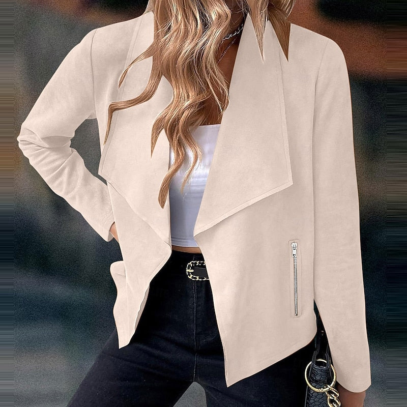 Cropped Suede Open Front Jacket with Zip Pockets