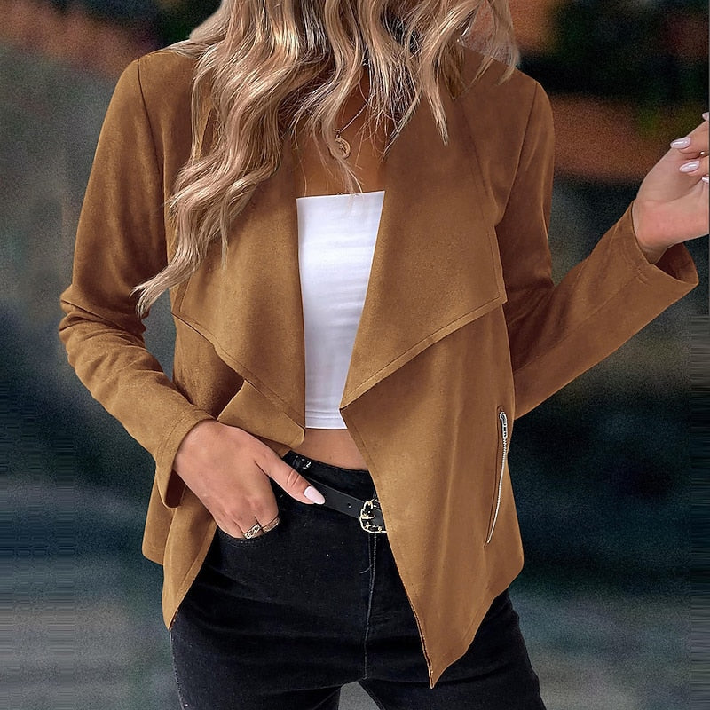 Cropped Suede Open Front Jacket with Zip Pockets