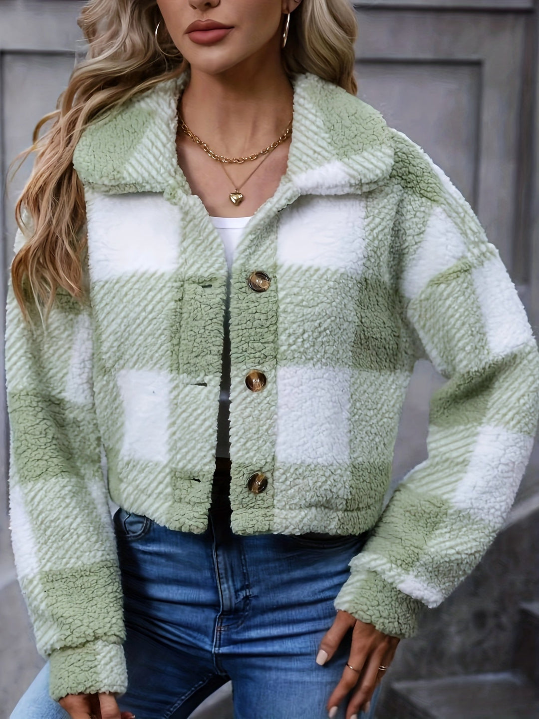 Cropped Teddy Fleece Shacket with Check Pattern