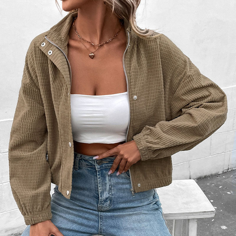Cropped Waffle Texture Jacket with Stand Collar and Snap Buttons