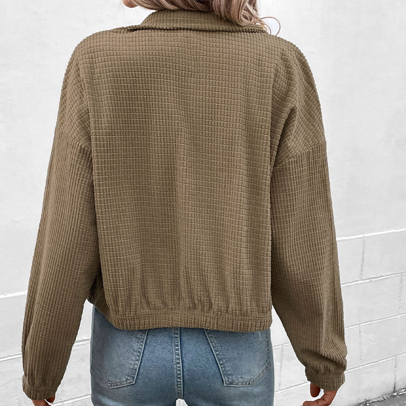 Cropped Waffle Texture Jacket with Stand Collar and Snap Buttons