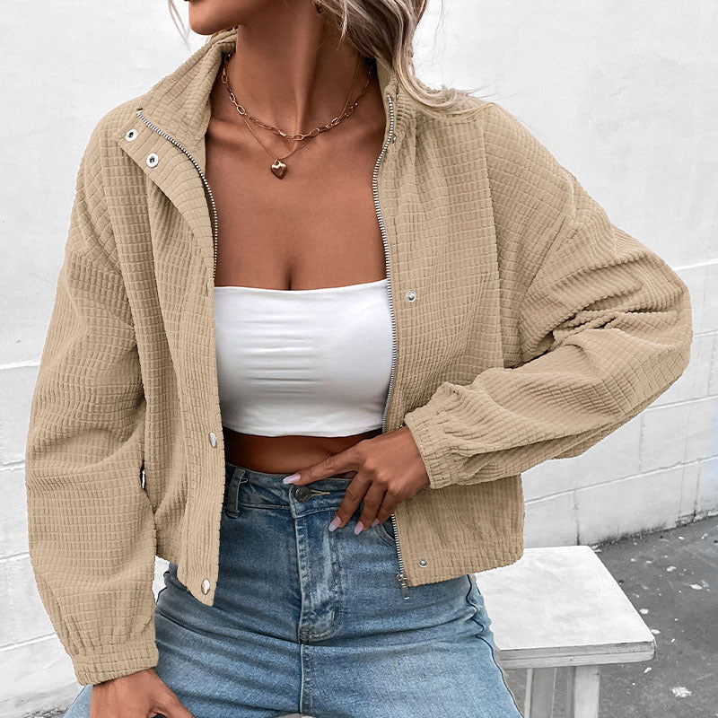 Cropped Waffle Texture Jacket with Stand Collar and Snap Buttons