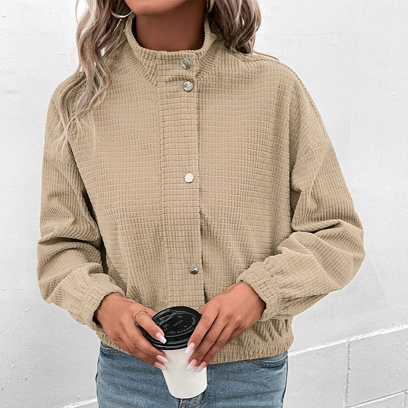 Cropped Waffle Texture Jacket with Stand Collar and Snap Buttons