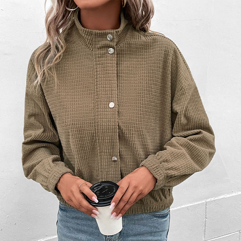 Cropped Waffle Texture Jacket with Stand Collar and Snap Buttons