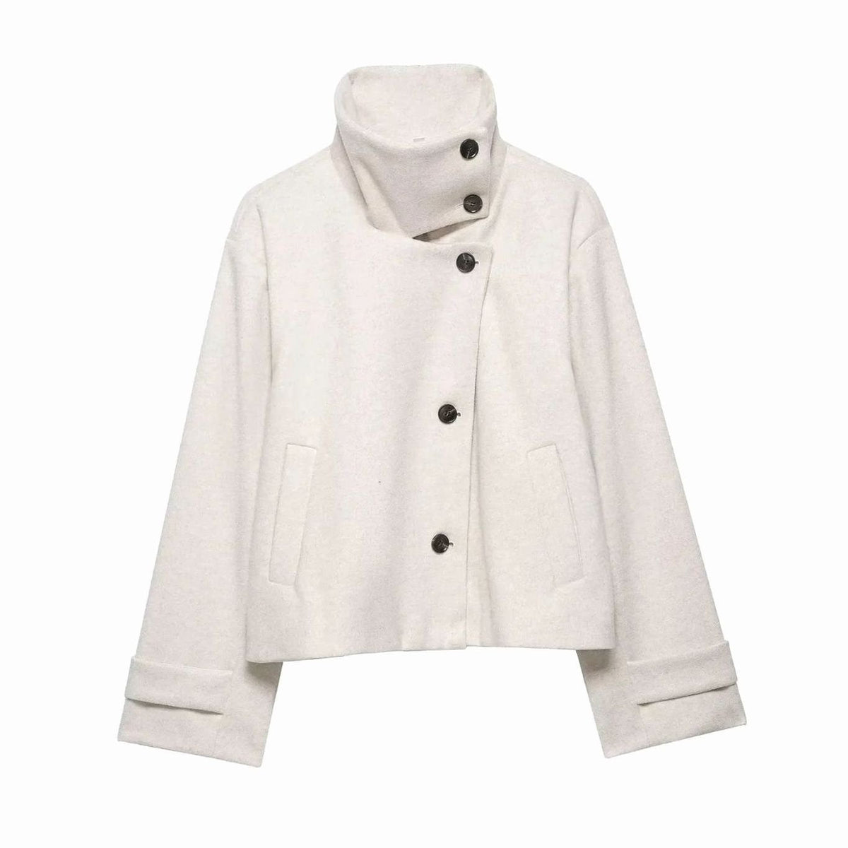 Cropped Wool Coat with High Collar and Asymmetric Button Front
