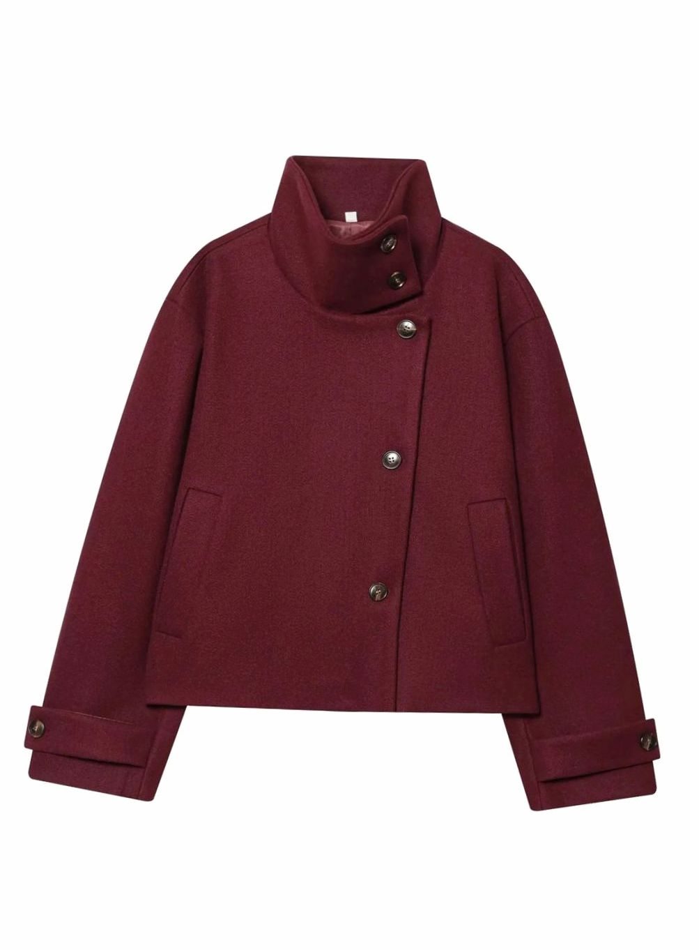 Cropped Wool Coat with High Collar and Asymmetric Button Front