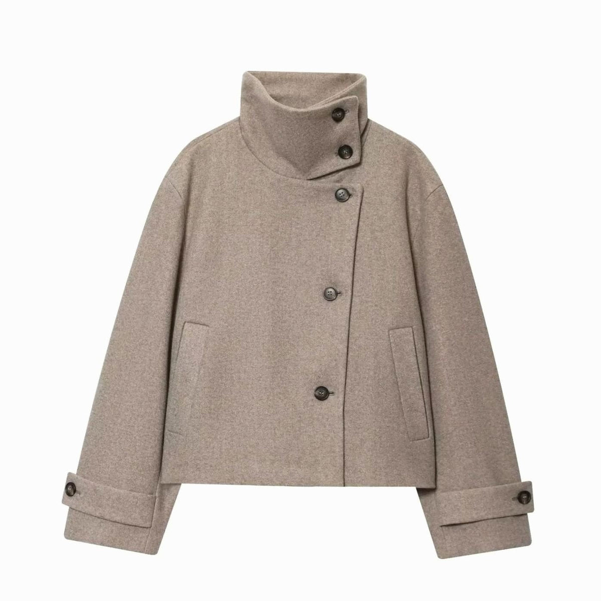 Cropped Wool Coat with High Collar and Asymmetric Button Front