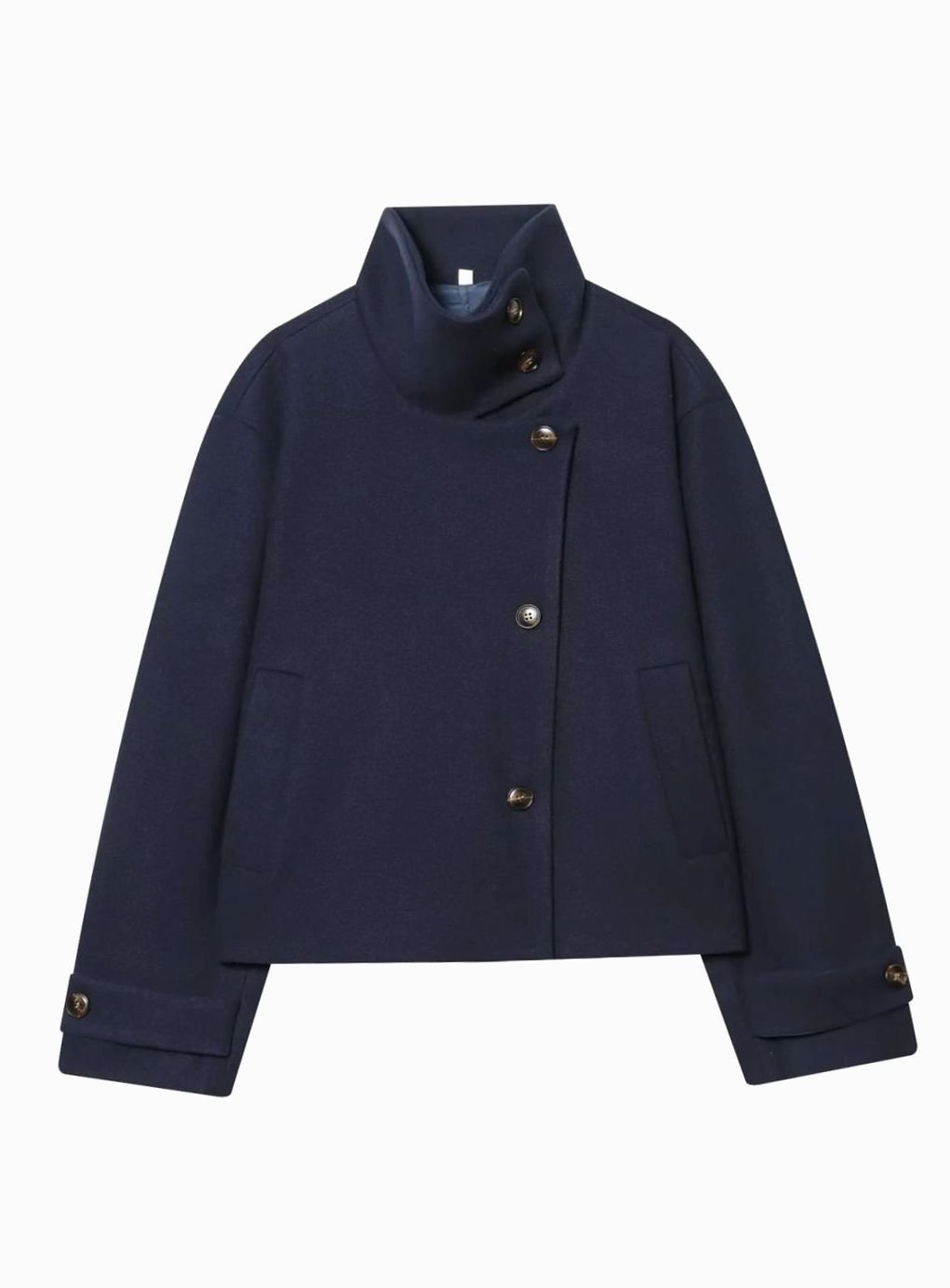 Cropped Wool Coat with High Collar and Asymmetric Button Front