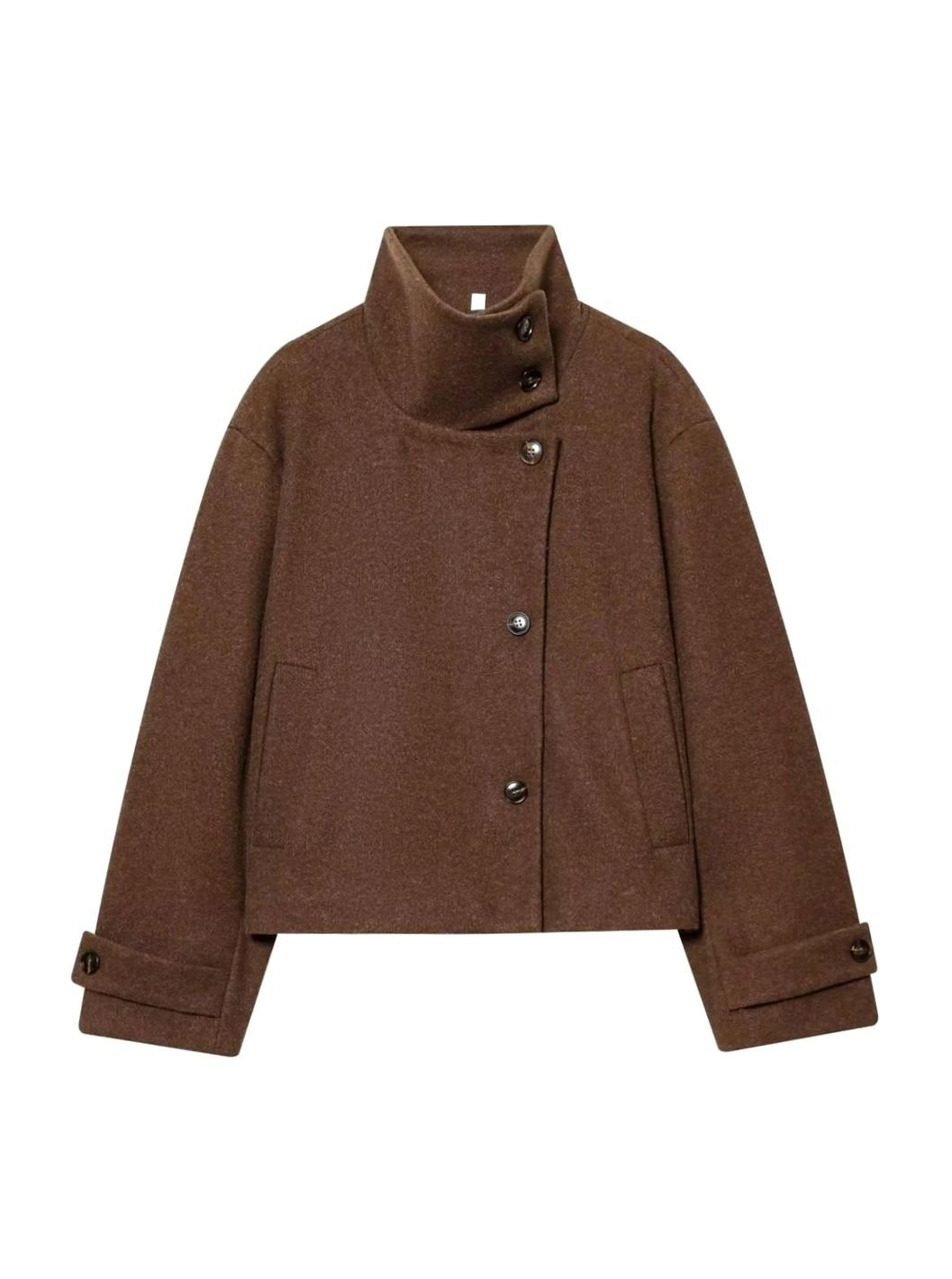 Cropped Wool Coat with High Collar and Asymmetric Button Front