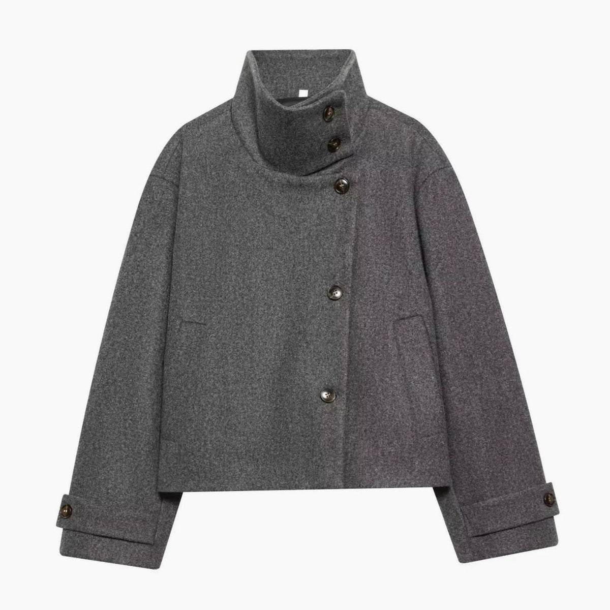 Cropped Wool Coat with High Collar and Asymmetric Button Front
