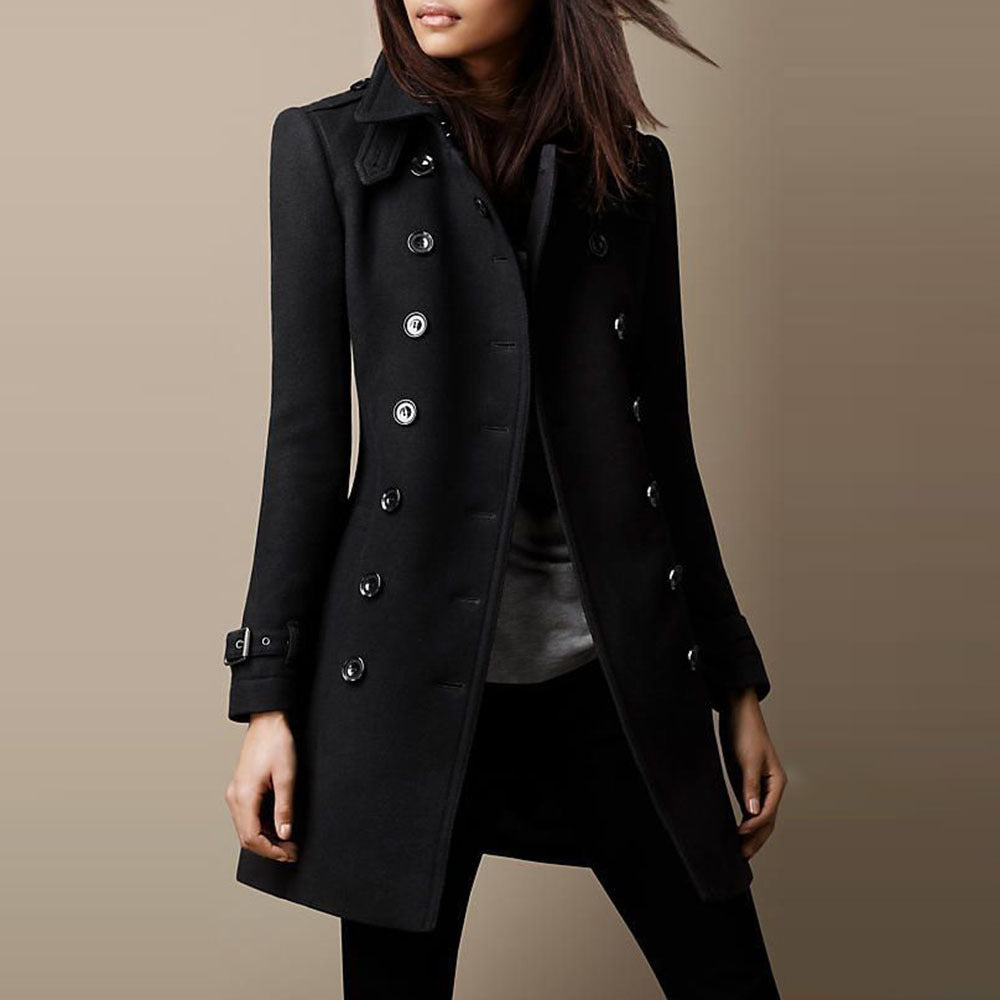 Double Breasted Fitted Wool Coat with Buckle Cuffs