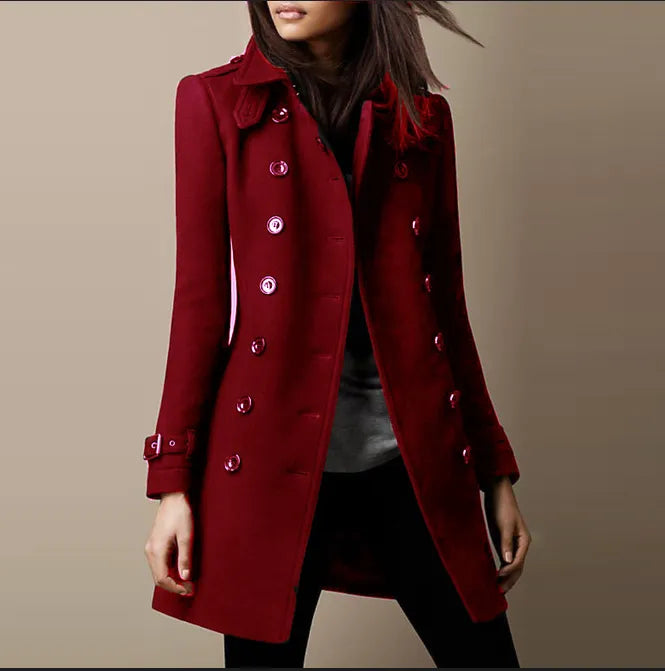 Double Breasted Fitted Wool Coat with Buckle Cuffs