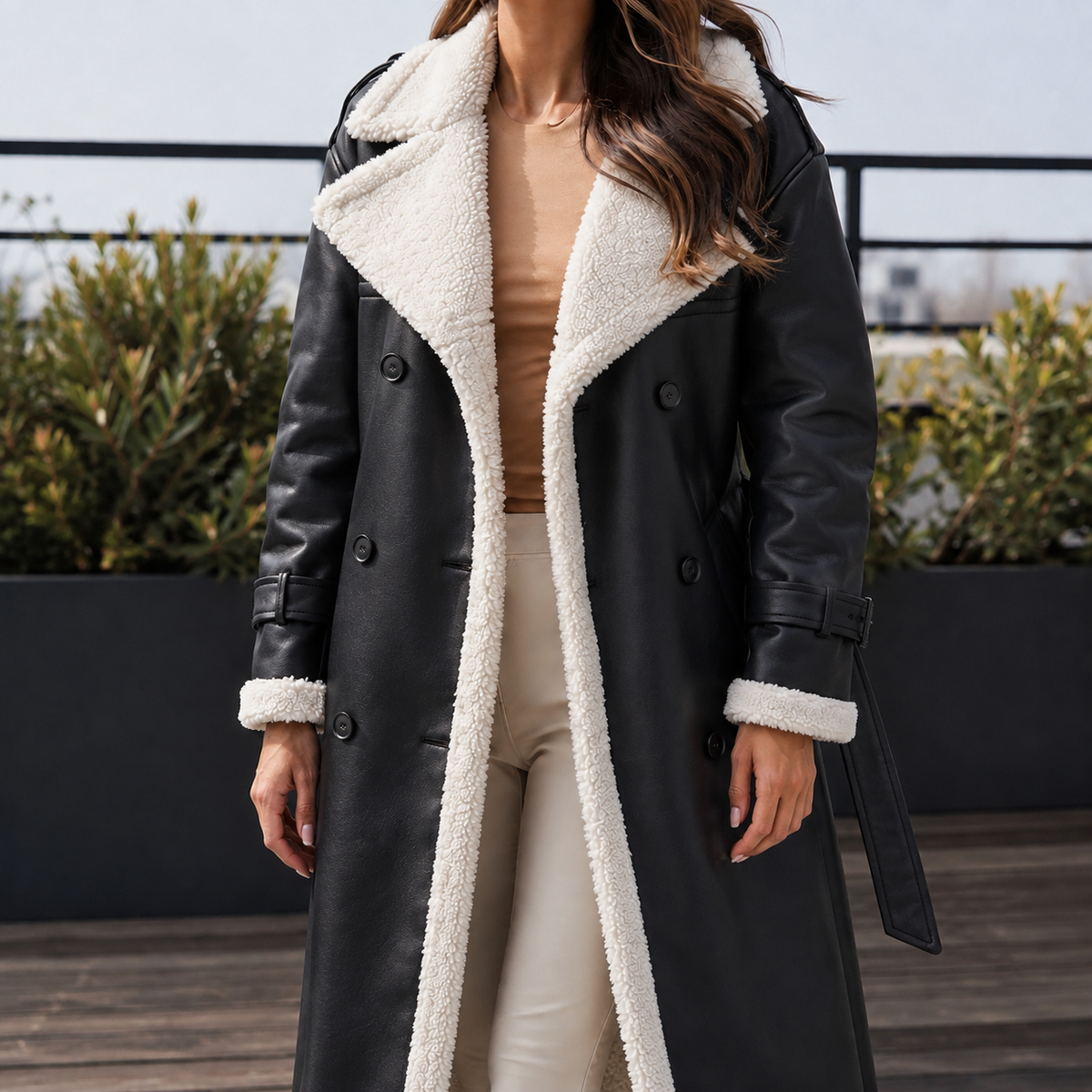 Double Breasted Leather Coat with Sherpa Lining and Belt