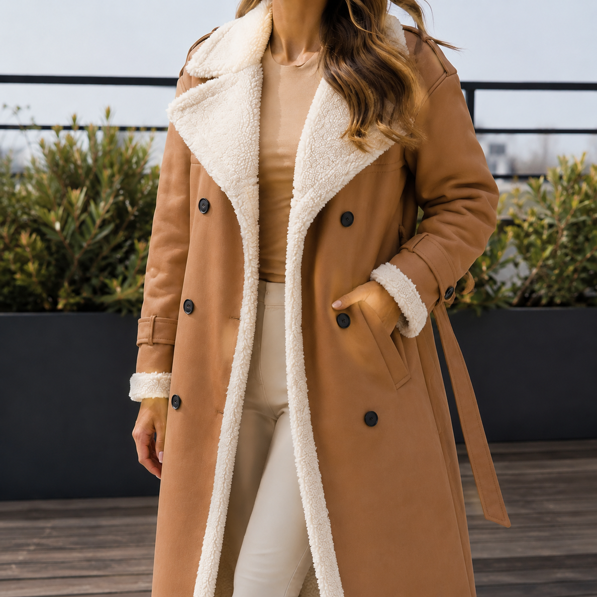 Double Breasted Leather Coat with Sherpa Lining and Belt