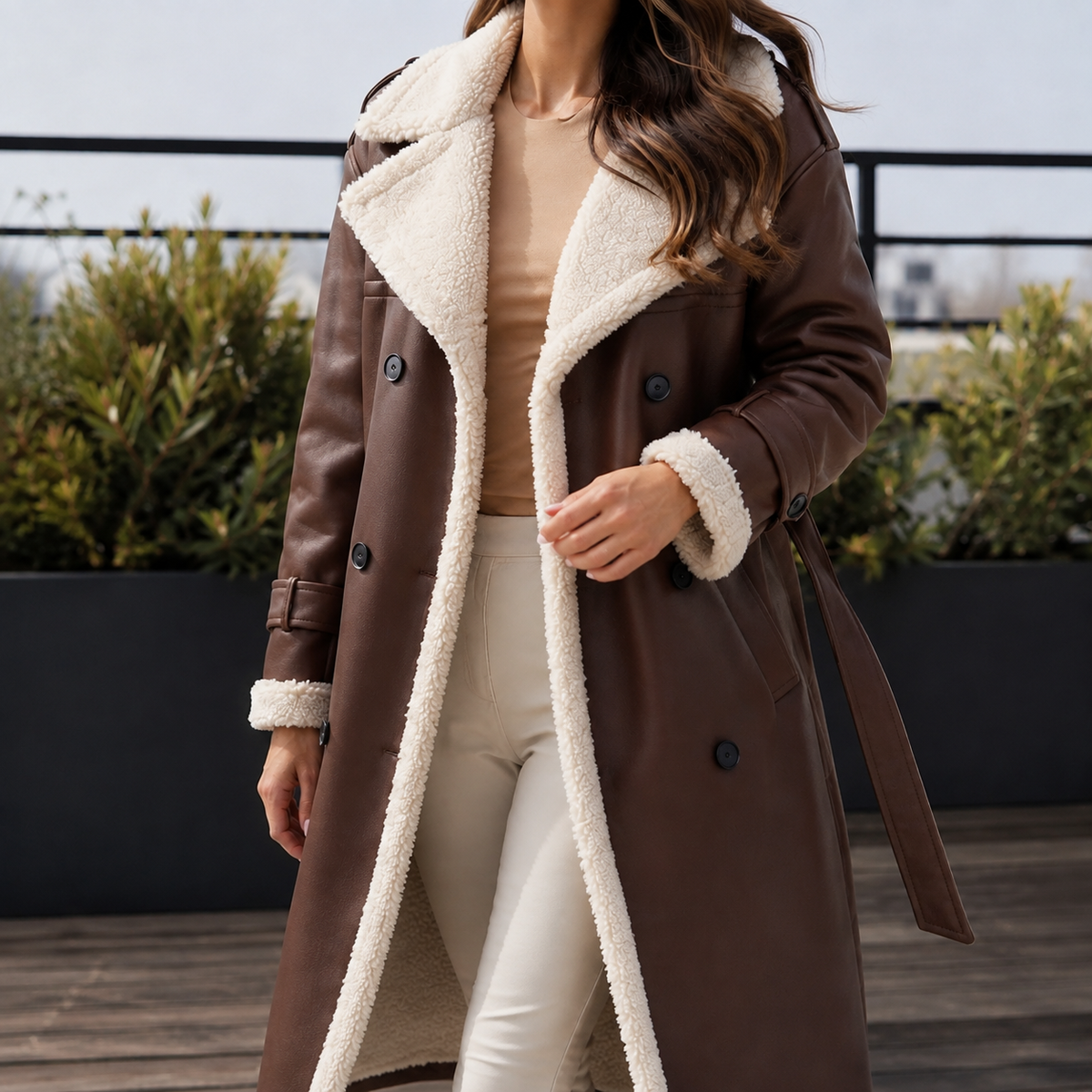 Double Breasted Leather Coat with Sherpa Lining and Belt