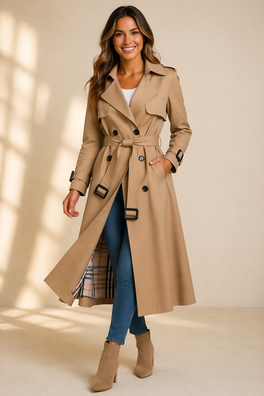 Double Breasted Long Trench Coat with Belt and Check Lining
