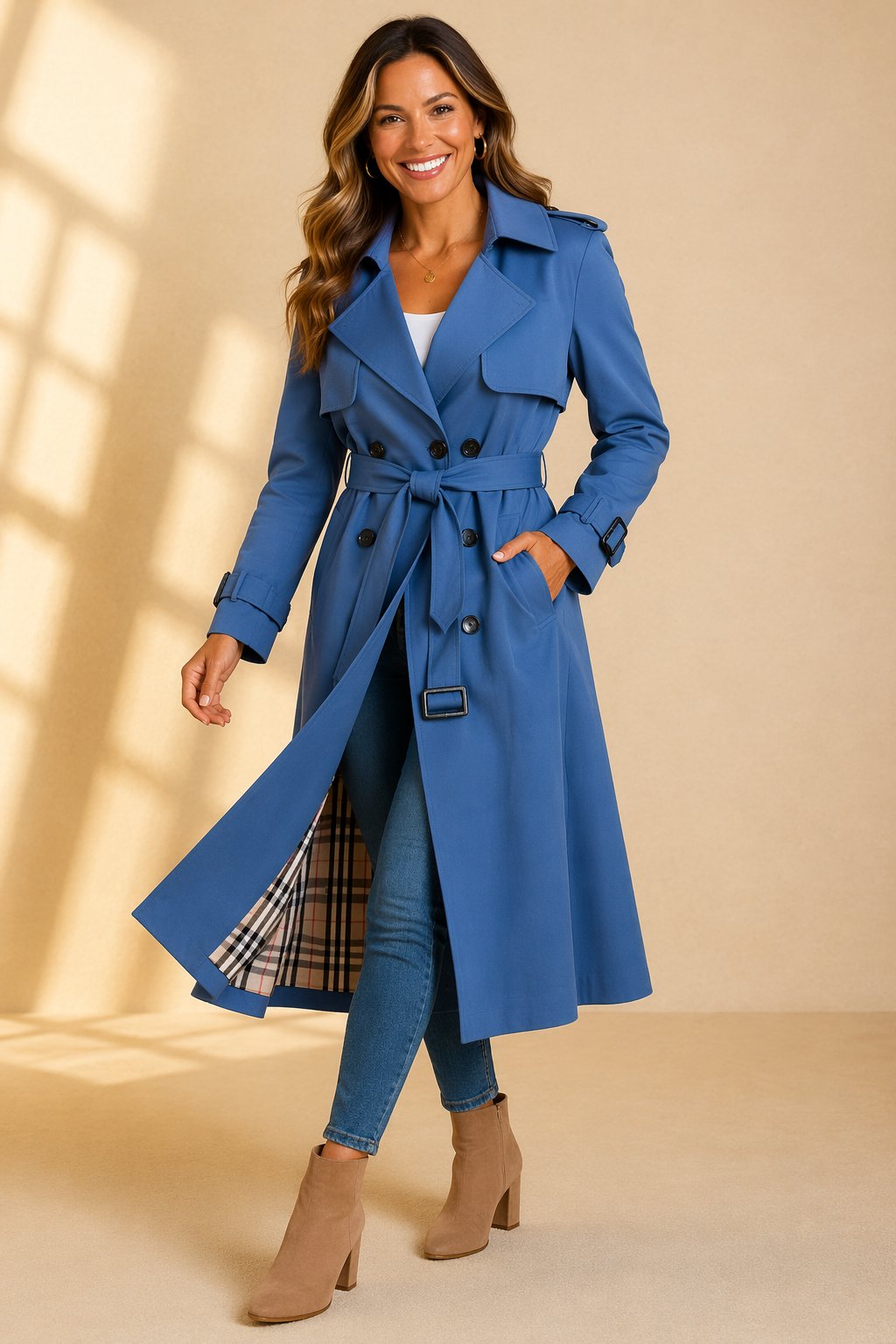 Double Breasted Long Trench Coat with Belt and Check Lining