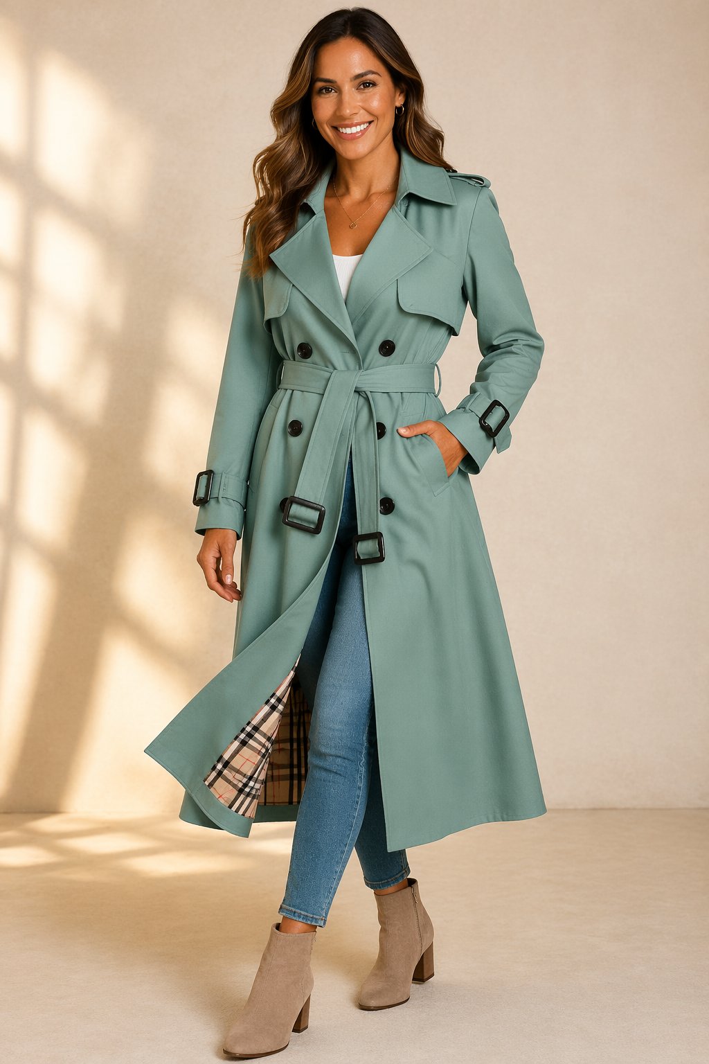 Double Breasted Long Trench Coat with Belt and Check Lining