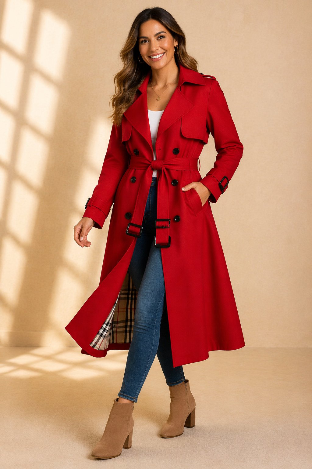 Double Breasted Long Trench Coat with Belt and Check Lining