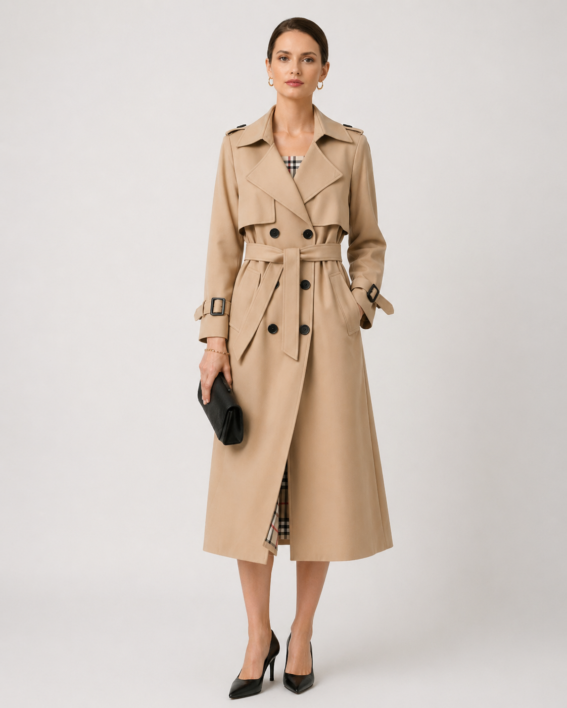 Double Breasted Long Trench Coat with Check Lining and Belt