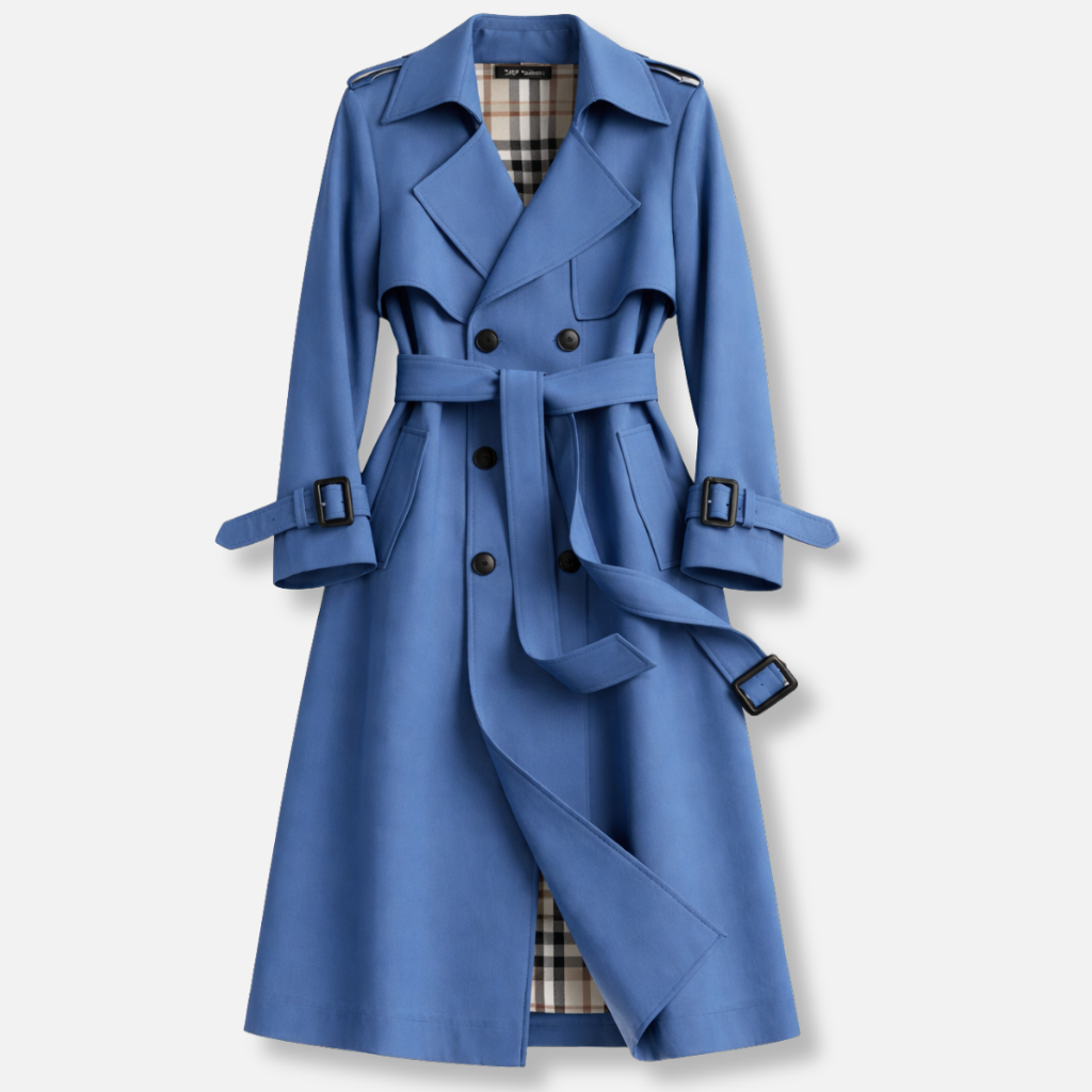 Double Breasted Long Trench Coat with Check Lining and Belt