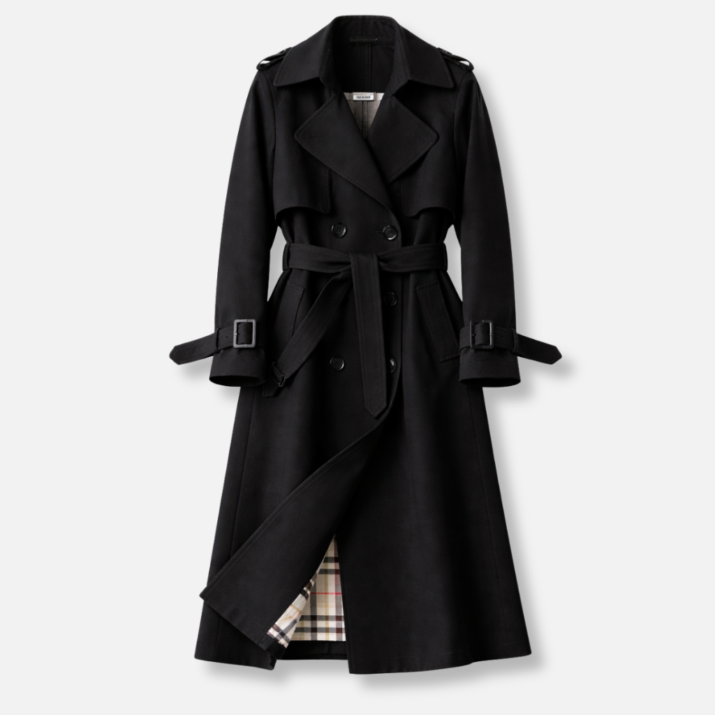 Double Breasted Long Trench Coat with Check Lining and Belt