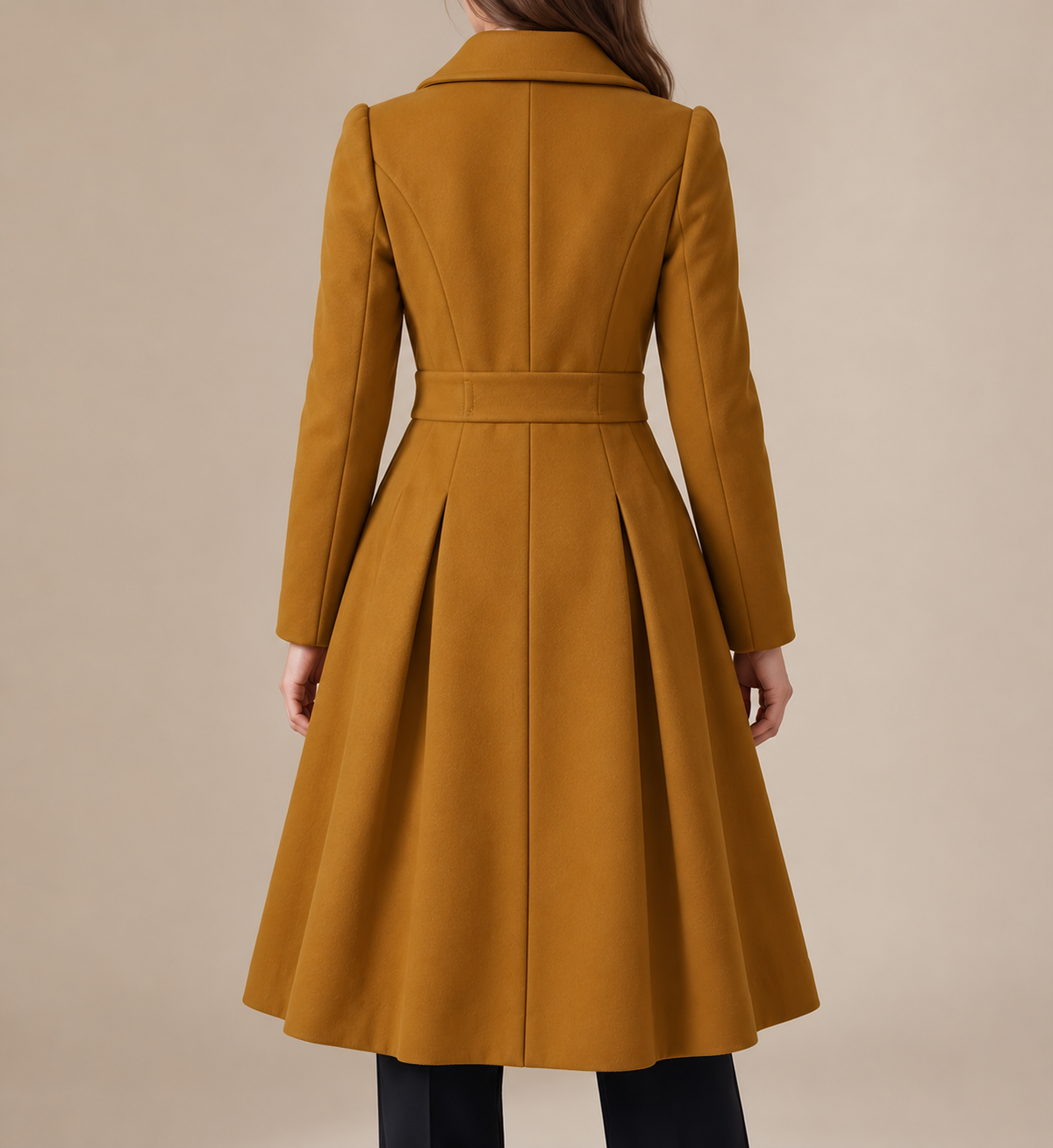 Double Breasted Wool Coat with Gold Buttons and Pleated Skirt