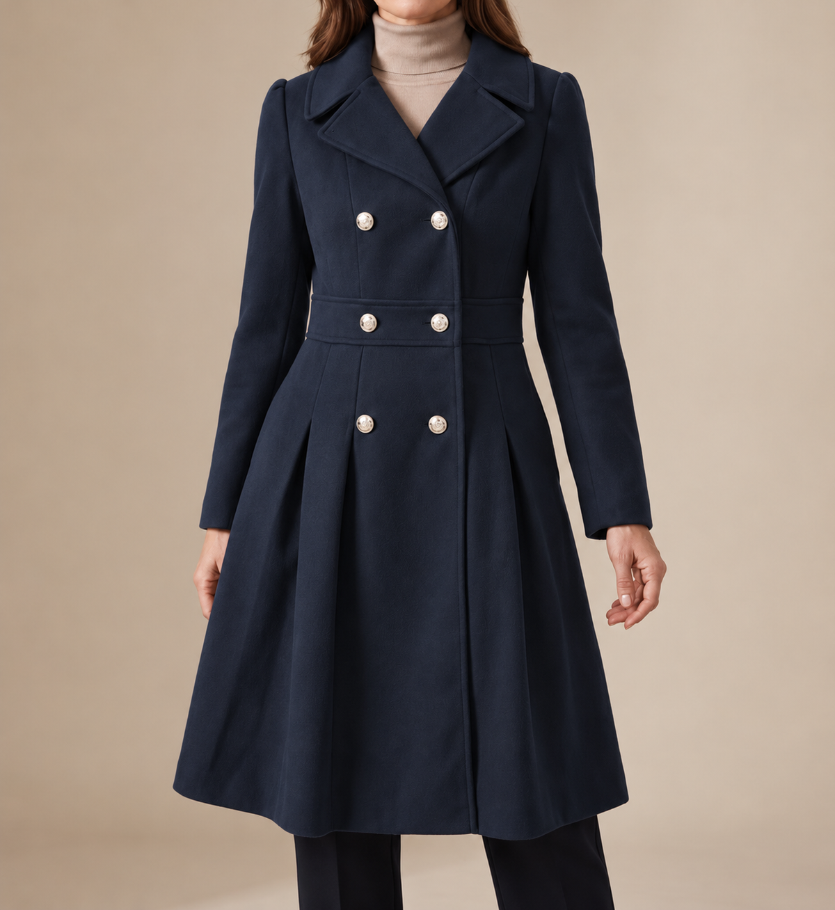 Double Breasted Wool Coat with Gold Buttons and Pleated Skirt