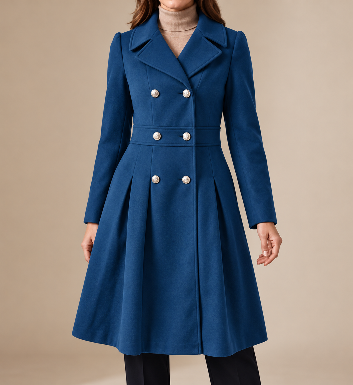 Double Breasted Wool Coat with Gold Buttons and Pleated Skirt