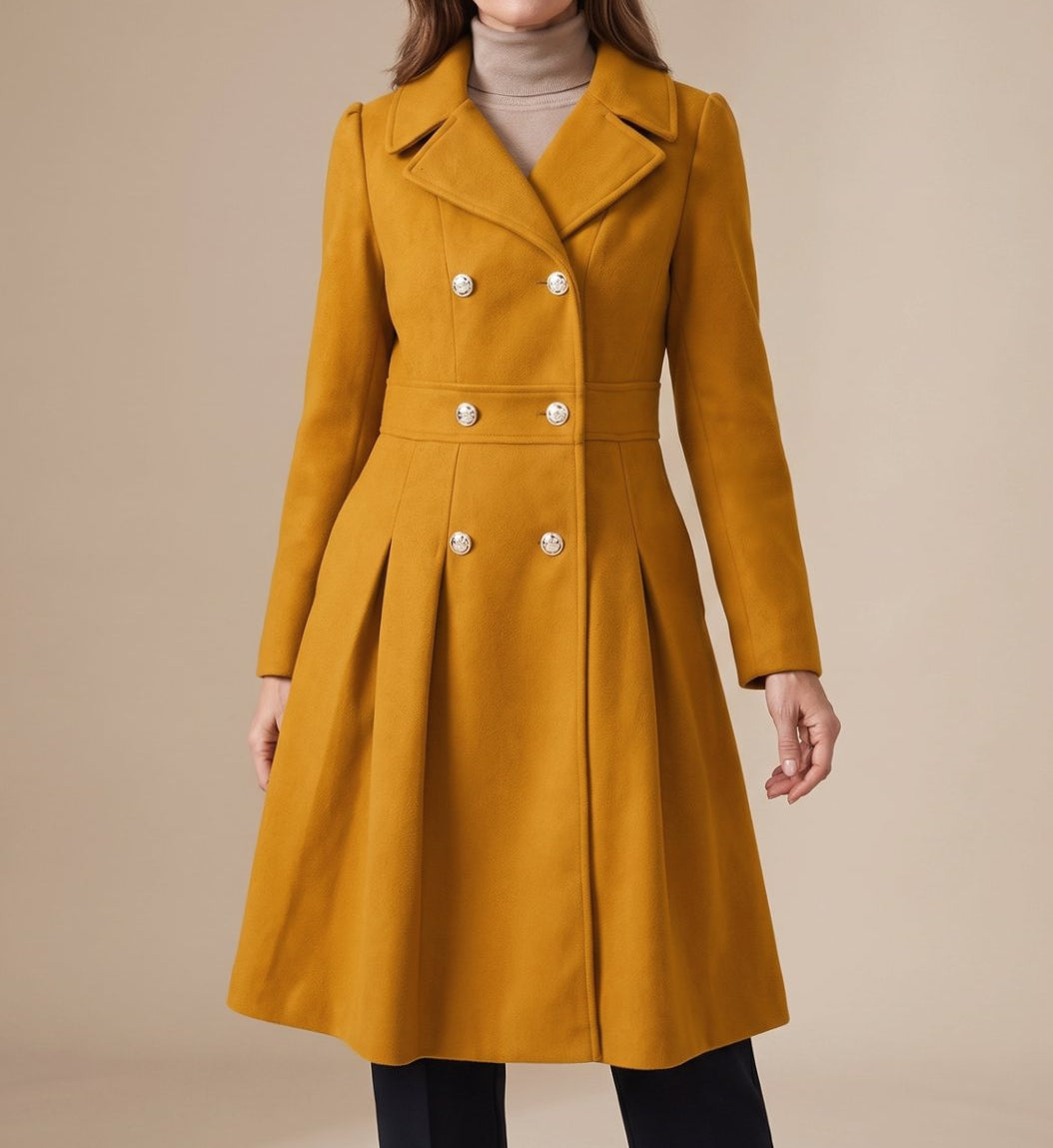 Double Breasted Wool Coat with Gold Buttons and Pleated Skirt