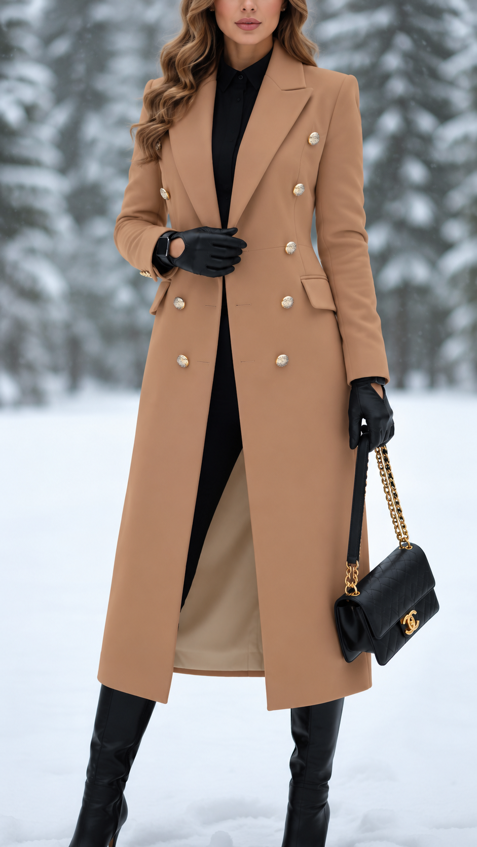 Elegant Double Breasted Wool Coat with Gold Buttons