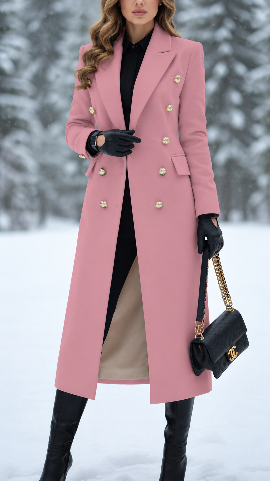 Elegant Double Breasted Wool Coat with Gold Buttons