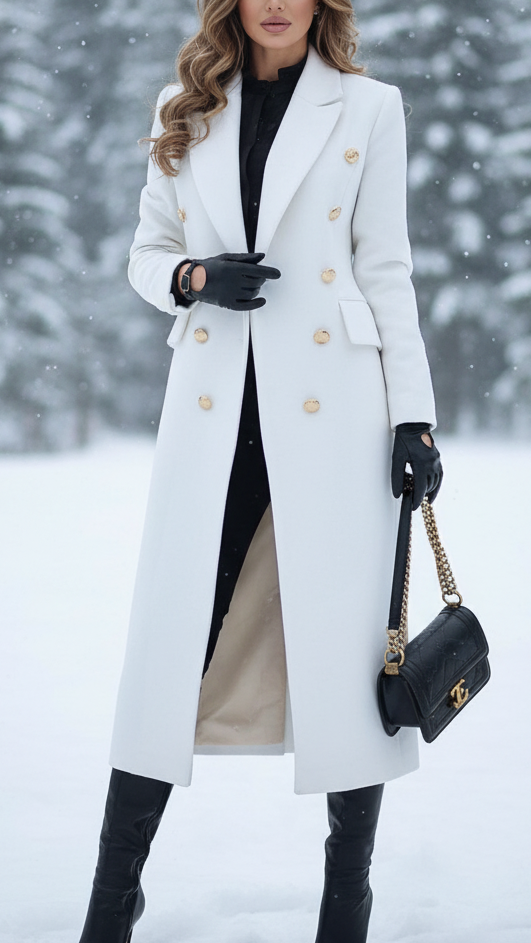 Elegant Double Breasted Wool Coat with Gold Buttons