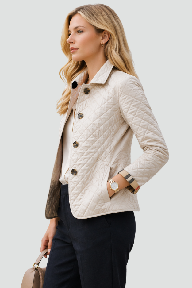 Fitted Diamond Quilted Jacket with Check Cuff Lining