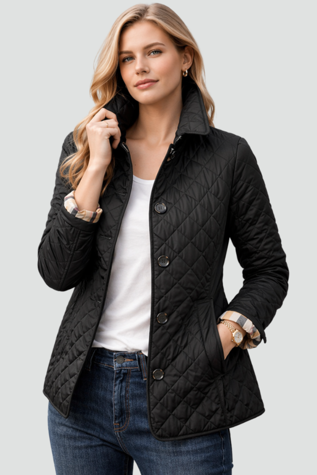 Fitted Diamond Quilted Jacket with Check Cuff Lining